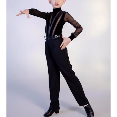 Boys kids black velvet mesh patchwork latin ballroom dance shirts and pants juvenile children salsa waltz tango ballroom stage performance outfits 